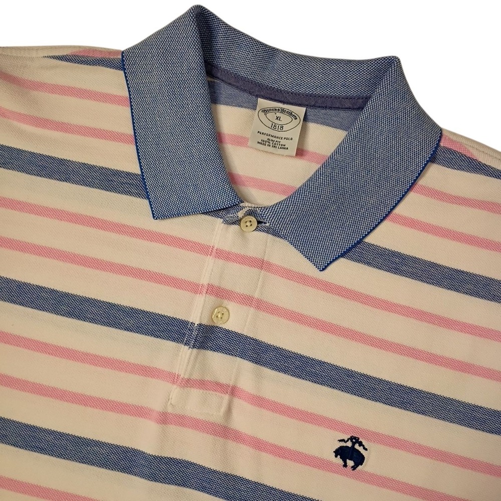 Brooks Brothers Performance Polo Shirt XL Slim Fit Blue‎ Pink White Striped Logo
